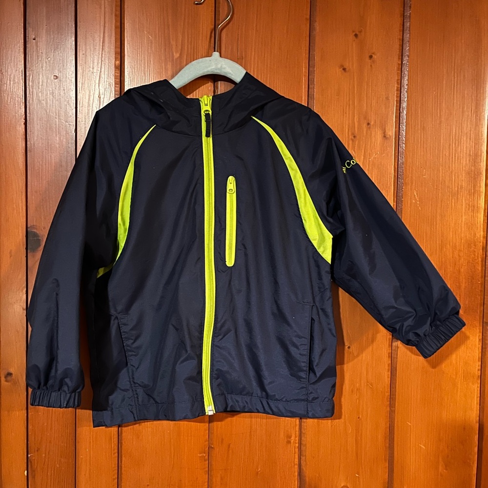 Columbia Boys Navy Blue Lime Green Zippers Accents Hooded Windbreaker Jacket 4T